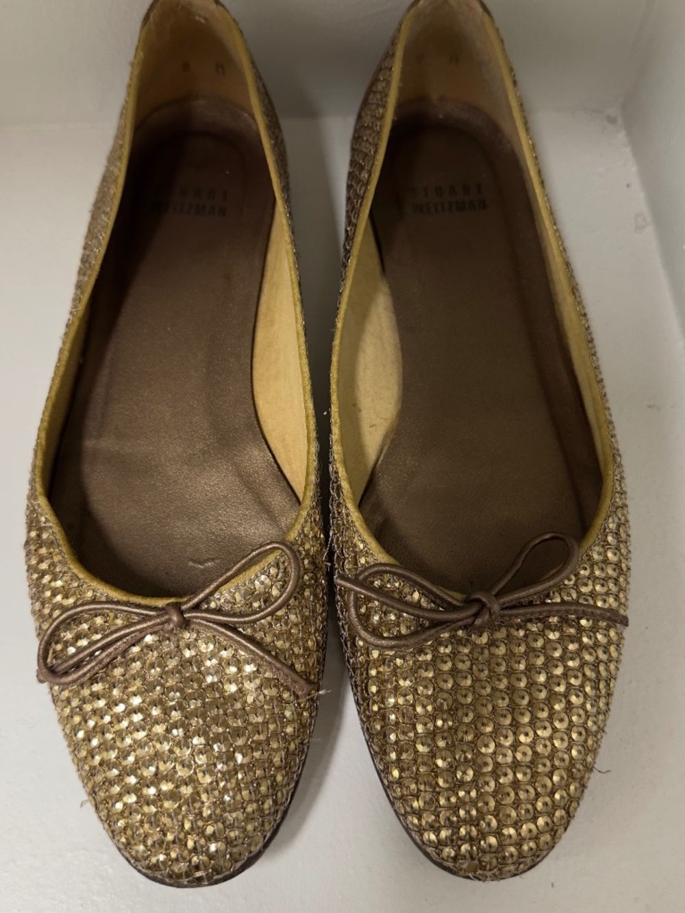 Vintage STUART WEITZMAN Sequin Casino Gold Party Flats Ballet Bow Demure size 8
